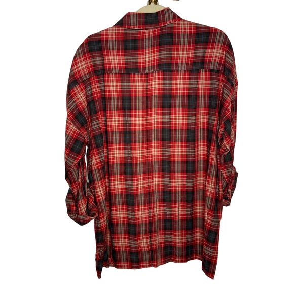 Max Studio Flannel Button Down Shirt Roll Tab Long Sleeve Plaid Red Black Size S - Picture 5 of 9